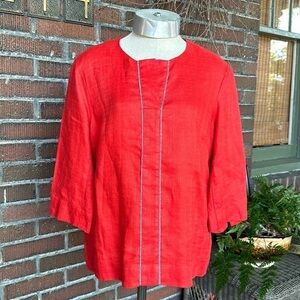 Pendleton poppy orange textured linen 3/4 sleeve split neck top w/piping. Size 8